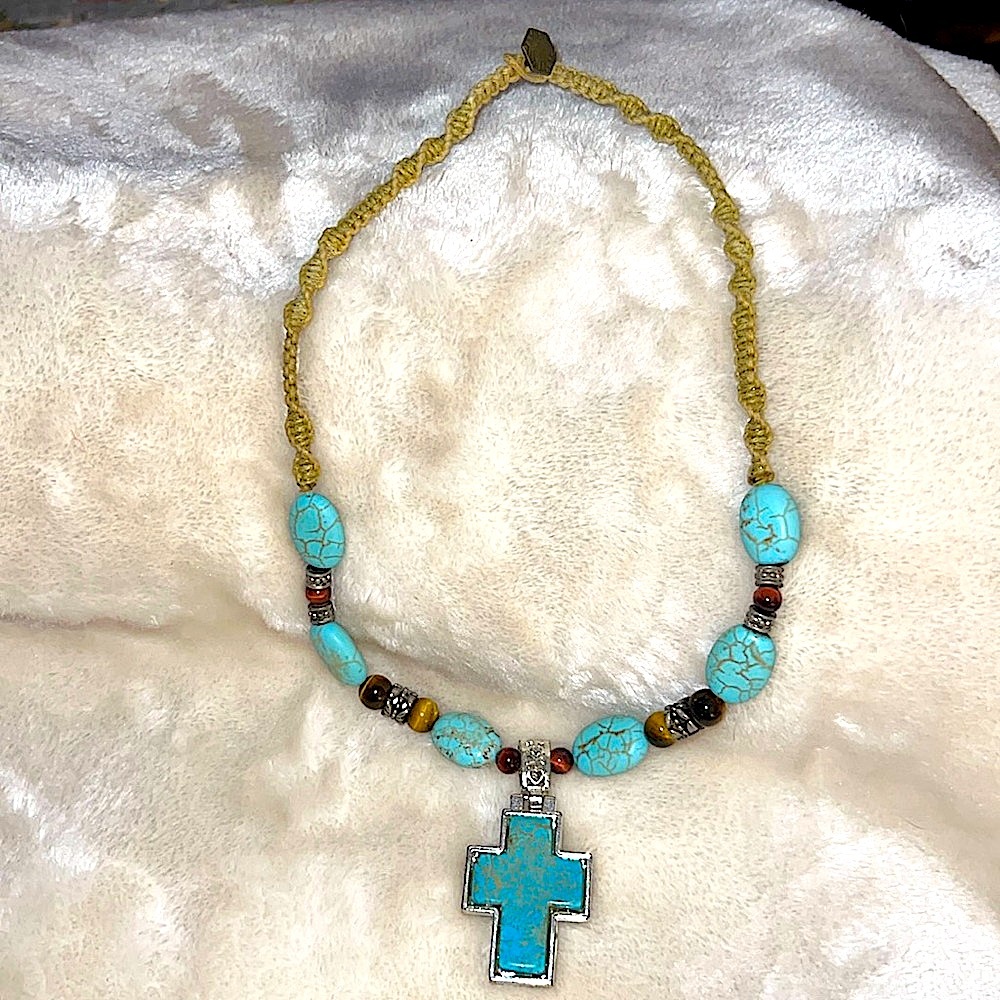 ✝️ BOHO 18” TURQUOISE & TIGERS EYE BEADED MACRAME NECKLACE w/SILVER-TONE ACCENTS